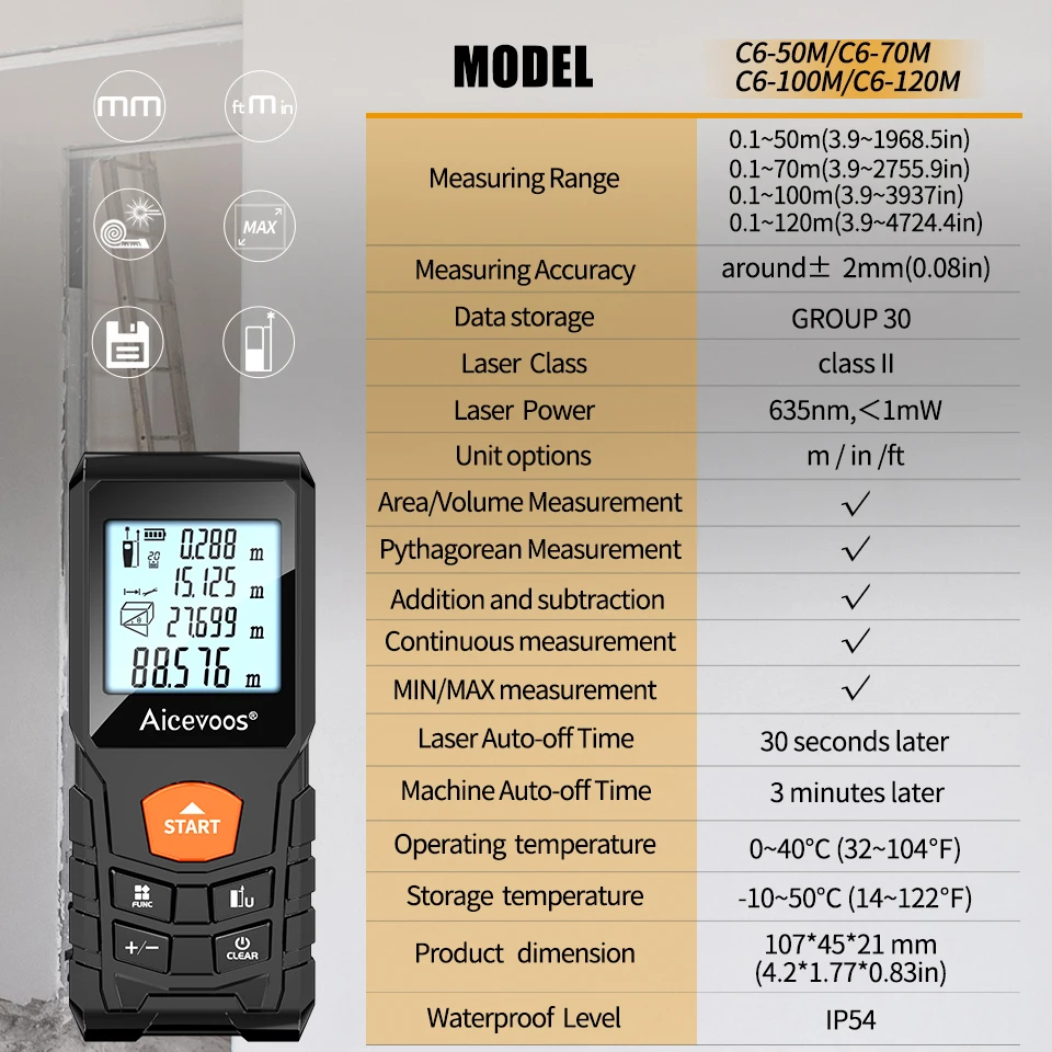 Aicevoos Digital Laser Rangefinder 50M 70M 100M 120M Laser Distance Meter Trena Laser Tape Measure Roulette Range Finder