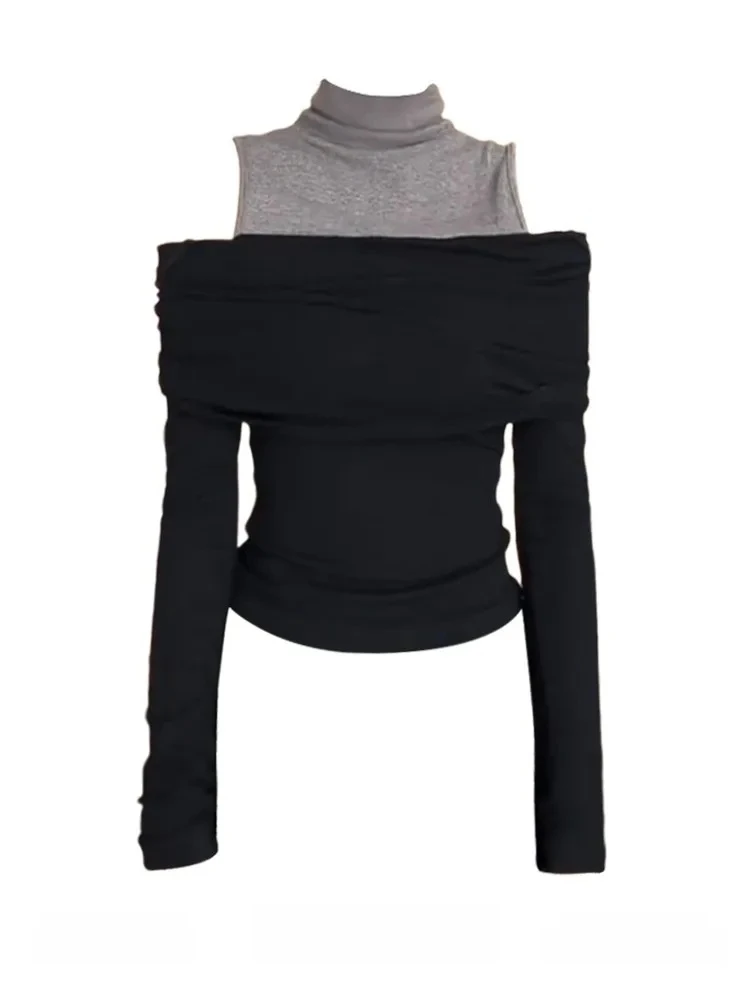 patchwork color-blocking off-the-shoulder long-sleeved T-shirt for women's autumn outfit design unique and distinctive top