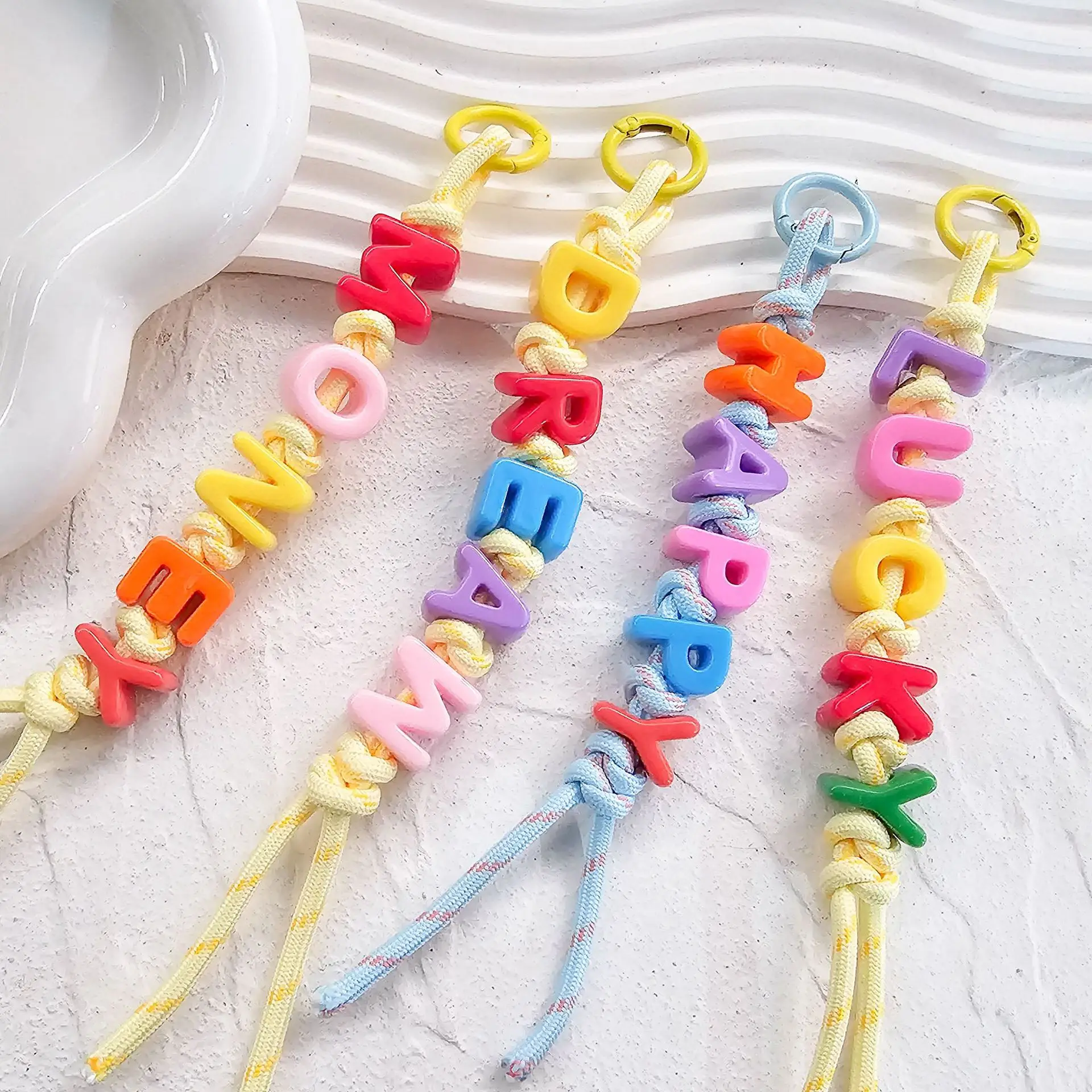 Dopamine Beaded Letter Phone Charms Miu Inspired Woven Rope Pendants Colorful Alphabet Keychains for Bags Phones Lanyards