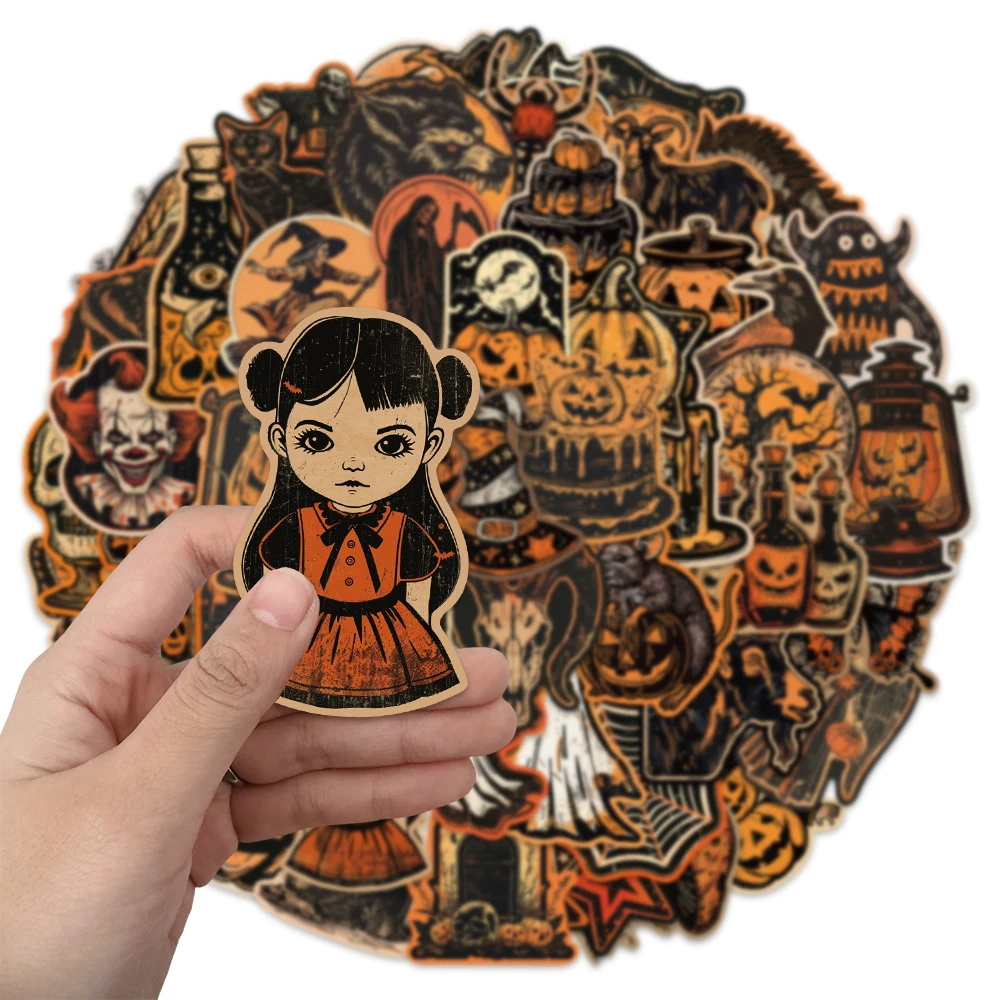 50PCS Retro Halloween Pumpkin Head Manual Stickers Material Phone Case Computer Bag Water Cup Waterproof Stickers