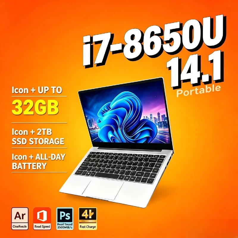 Intel Core i7 8650U 14.1 Inch Laptop 4C8T 1.9GHz 4.2GHz Boost 32GB DDR4 2TB SSD 1920x1080 Gaming Office Pro Max
