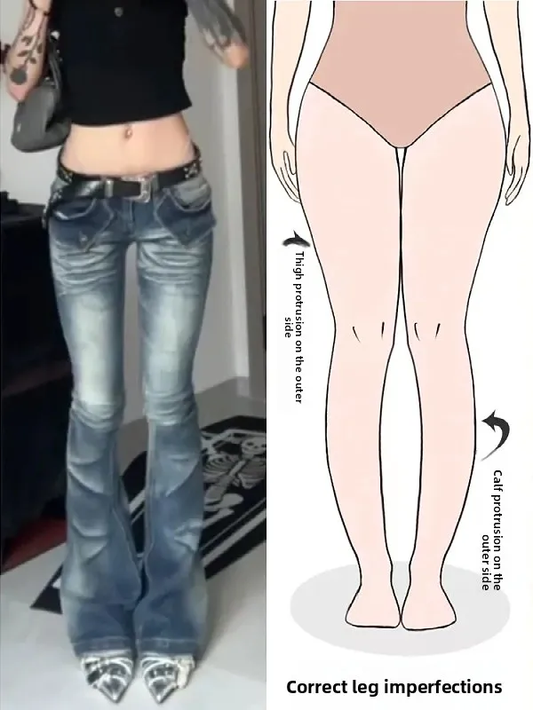 

Slim Fit Bell Bottom Jeans Women's Retro Pocket Design Daisy Shape Body Street Style Casual Long Pants Low Waist Zipper Closure