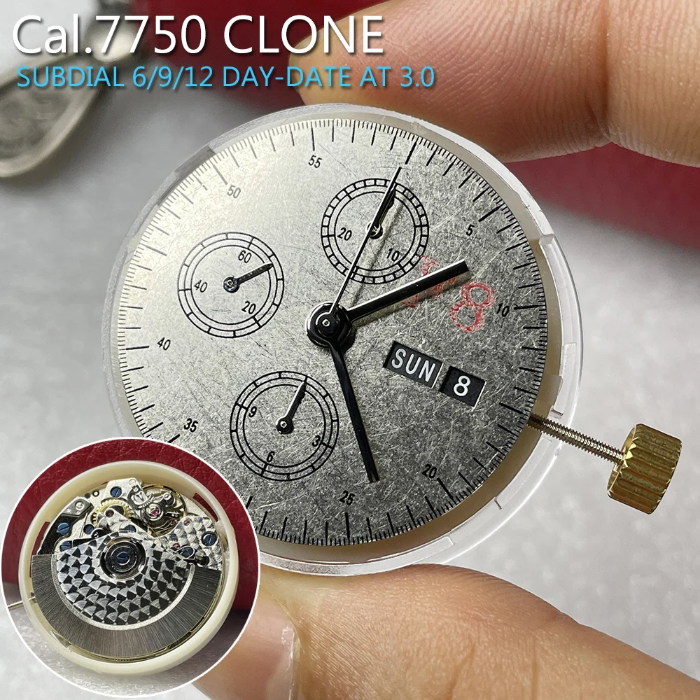 Chronograph Mechanical Watch Movement 7750 Clone 3/9/12 Subdials with Black Date-Day Disc at 3:00 25 Jewels Automatic 7750 Movt