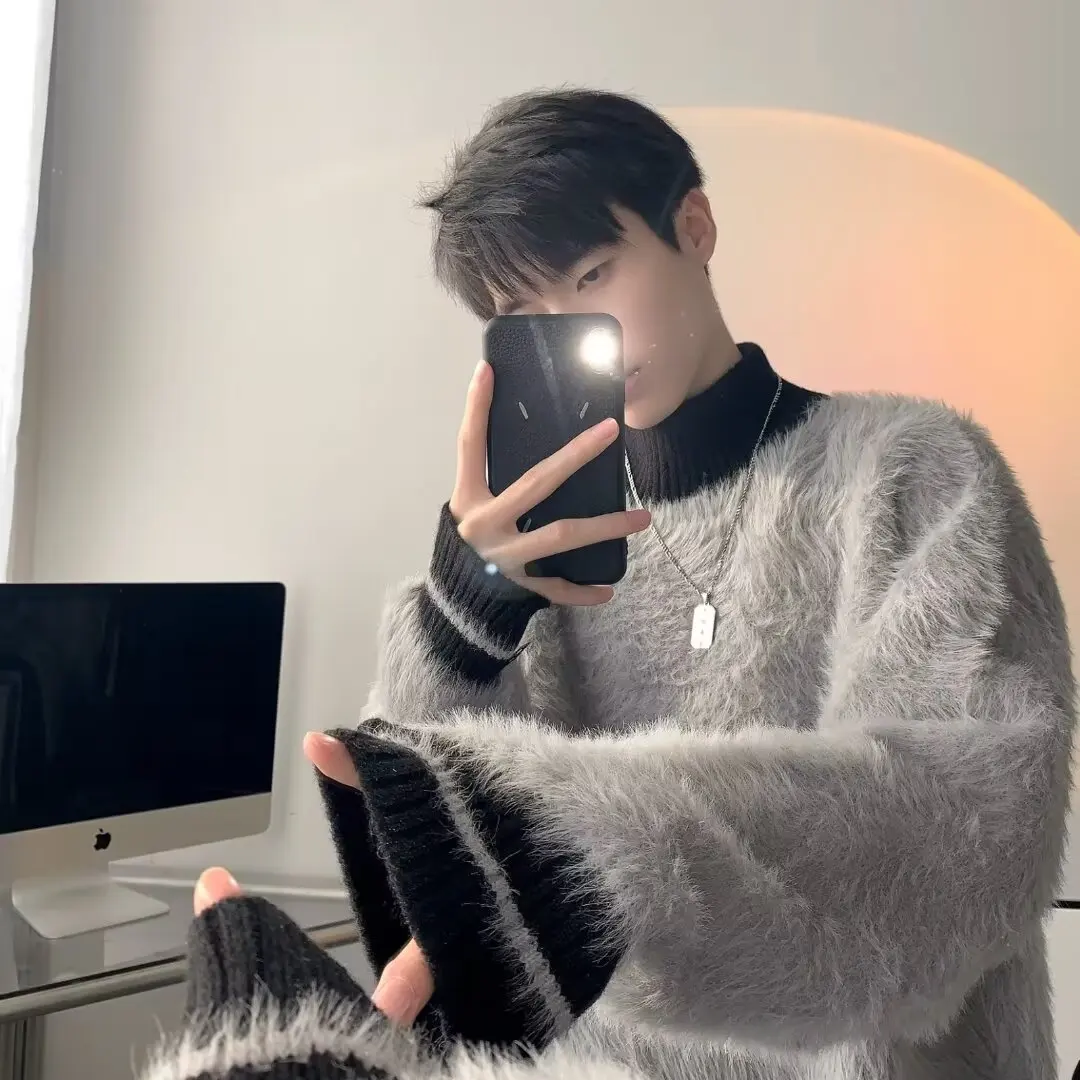 

Мужской трикотаж оверсайз в полоску с высоким воротником Lazy Sle, осенне-зимний свитер из полиэстера, длинный топ с бейсбольным воротником све