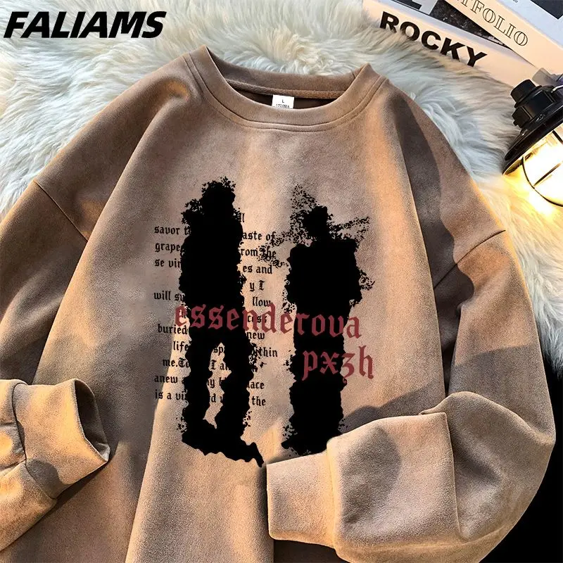 Suede American Retro Long Sleeved T-shirt for Men Trendy Loose Fit Printed Hoodie