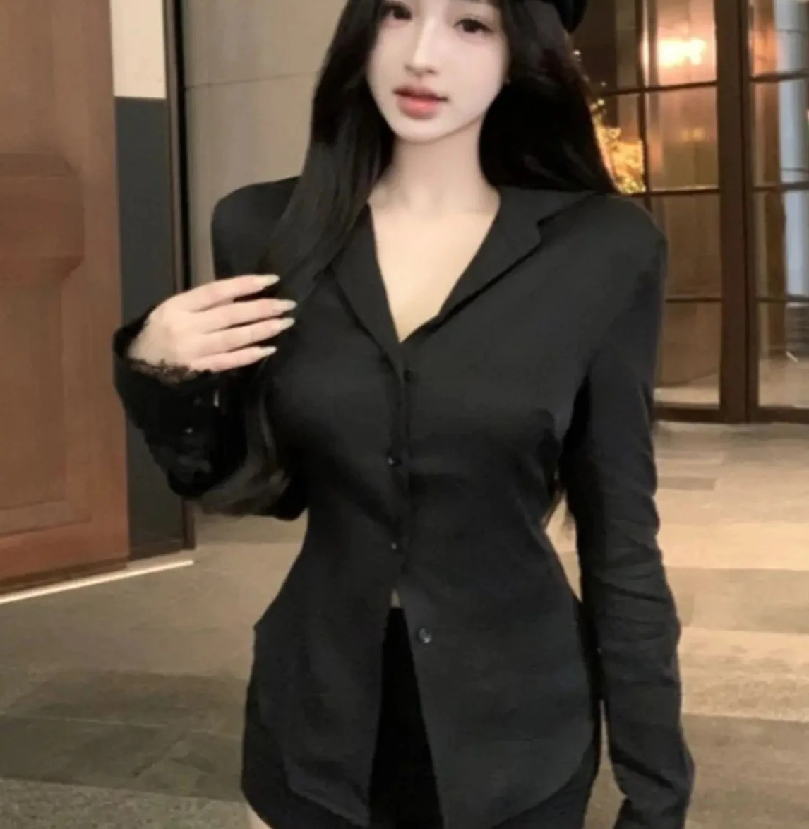 バックレスレース若々しいファッション黒長袖シャツ女性 V ネックパッチワークエレガントなベーシックブラウスレディオフィスカジュアル