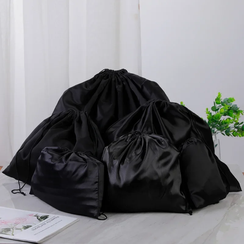 S/M/L/XL/XXL 黒シルク素材巾着収納袋靴ハンドバッグかつらダスト巾着包装袋ロゴを印刷することができます