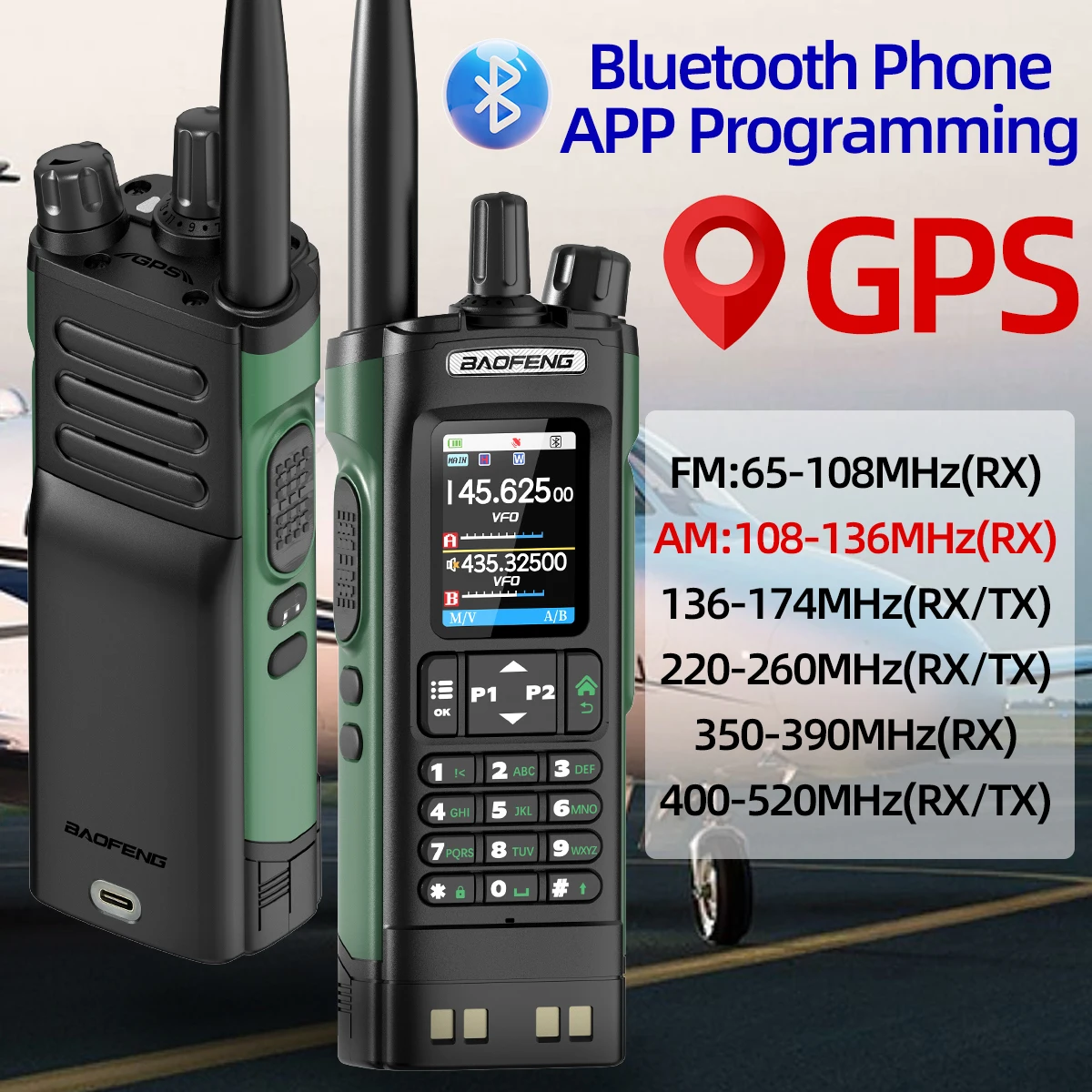 BAOFENG UV-32 GPS Walkie Talkie 10W Full Band Bluetooth Programming Wireless Copy Frequency 1000CH Long Range Ham Two Way Radio