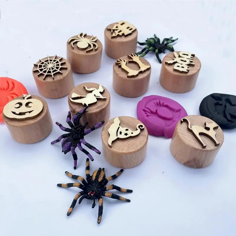 Tonstempel zum Basteln, 9 Stück, Halloween, Holz, Tonstempel, Werkzeug, Stempelspielzeug, handgefertigtes Stempelset für Kinder, Plastilin-Tonstempel