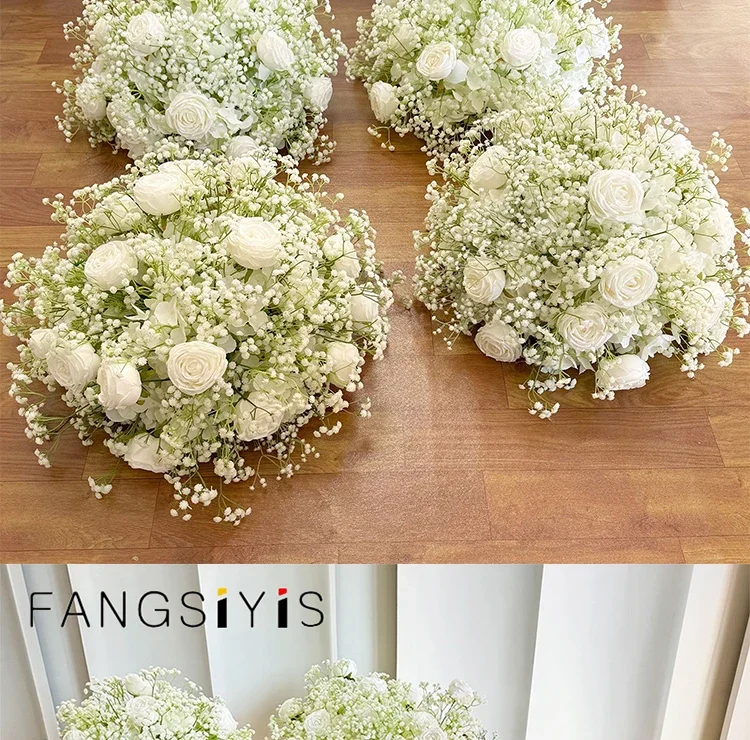 Weiße Rose Babybreath Künstliche Blumenreihe Kaskadierende Seidenblumengirlande Hochzeitstischläufer Bogenrand Zeremonie Empfang Deko – Detail 10