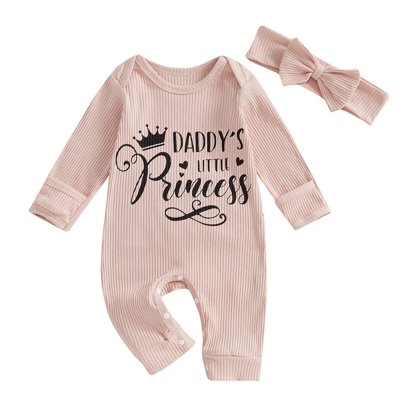 Baby Girl Fall Outfit Long Sleeve Letters Print Jumpsuit with Bowknot Headband Baby Clothes