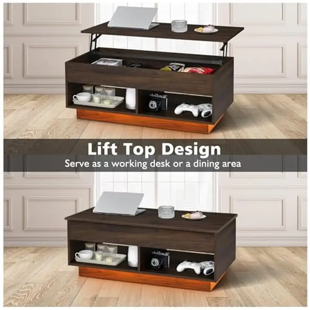 LED Lift Top Mesa De Café E TV Stand Set, Centro De Entretenimento Moderno, Armazenamento Escondido E Tomadas De Energia