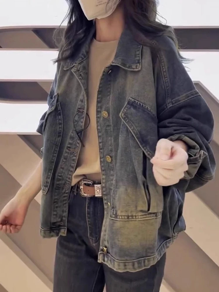 Women Vintage Loose Denim Jacket Spring Autumn Long Sleeve Workwear Coat Casual Trendy Outerwear