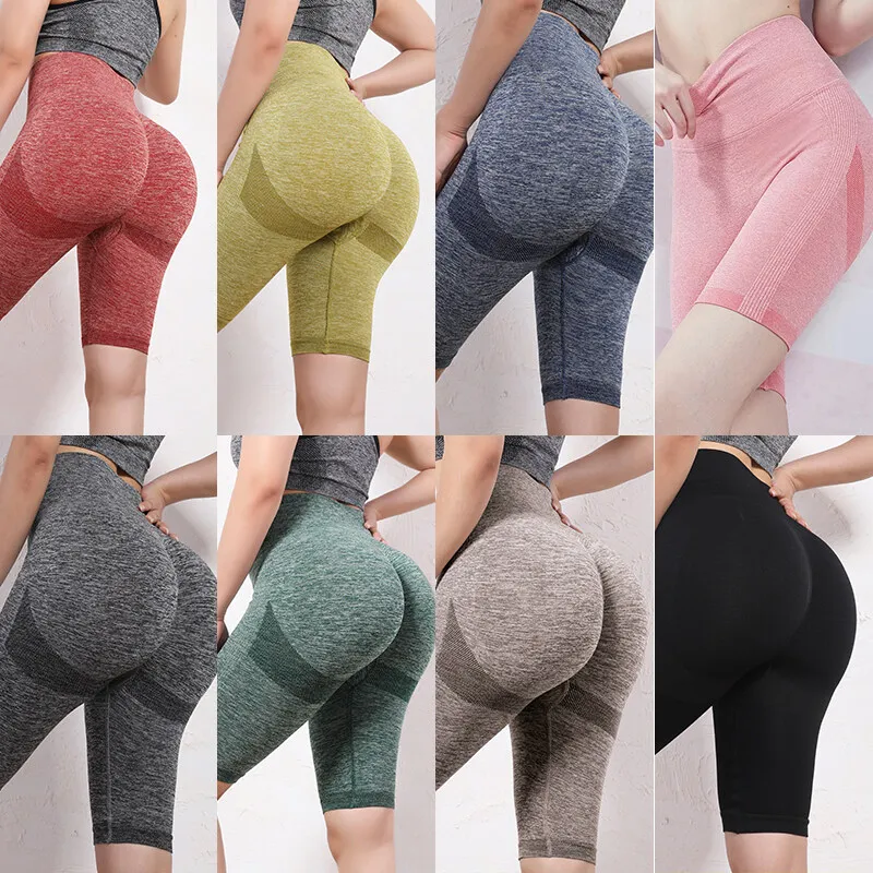 Women Butt Lifting Yoga Shorts Elastic Workout High Waist Tummy Control Ruched Booty Pants Seamless Gym Compression Tights