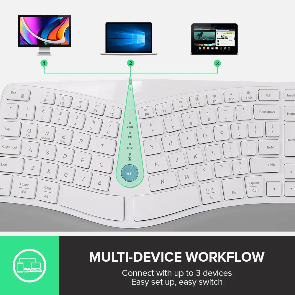 Delux GM901D Wireless Ergonomic Split Keyboard With 2.4G USB and BT(BT1+BT2) AAA Battery Soft Palm Rest for Windows and Mac