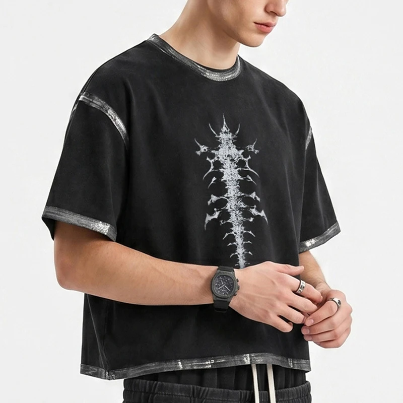 Retro Men's T Shirt Heavyweight 285g Cotton Boxy Fit Graffiti Print Distressed Edge Streetwear Casual Premium Short Sleeve Tee