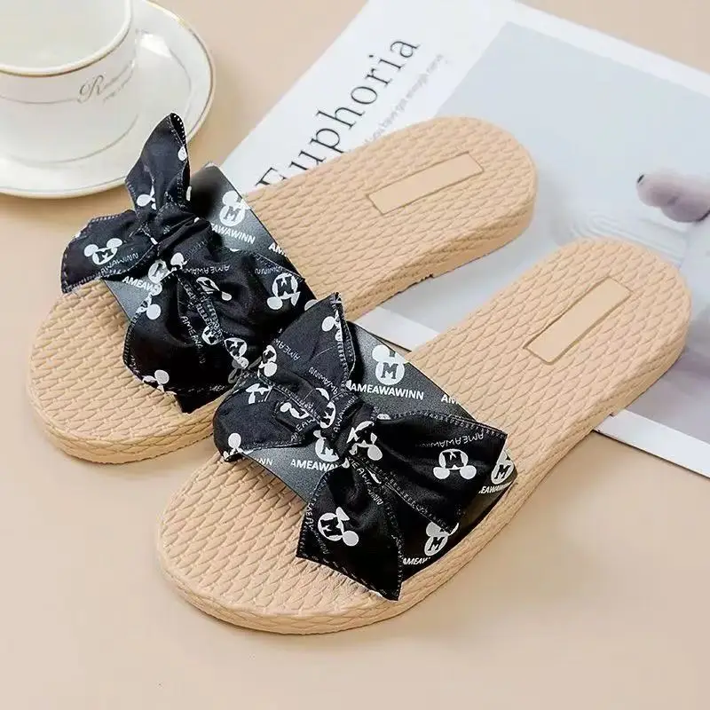 

2025 new summer real picture Cute Mickey Mouse bow Cartoon Home Outdoor Wear fashion white black women slippers girls shoes
