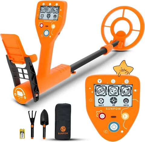 Detector de Metais SUNPOW para Crianças, IP68 à Prova d'Água, Chip Aprimorado, LCD Amigável para Crianças, 3 Modos, Haste Ajustável de 32-40 polegadas, para Meninos e Meninas a partir de 5 anos, Caça ao Tesouro ao Ar Livre na Praia, Presente Ideal