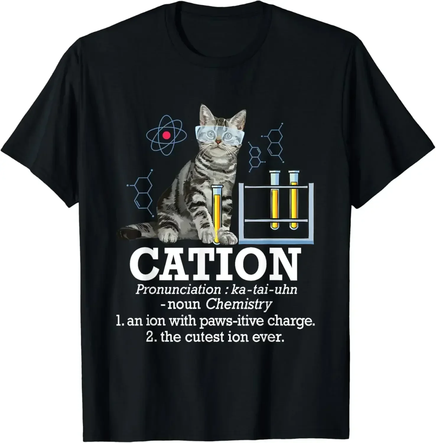

Cation Pun Chemistry Cat Graphic Tee Funny Science Teacher Student Cotton T-Shirt Men Women