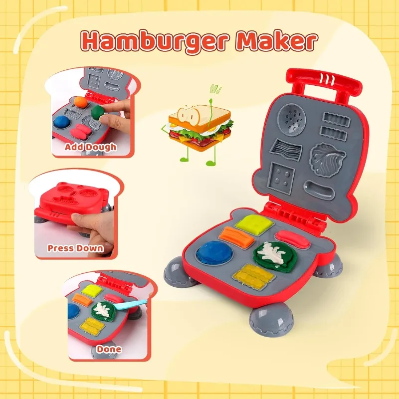 Zestaw do modelowania z kolorowej ciastoliny, zestaw do zabawy z kolorami, z urządzeniami do robienia makaronu i hamburgerów, zabawki do modelowania jedzenia dla chłopców i dziewczynek.