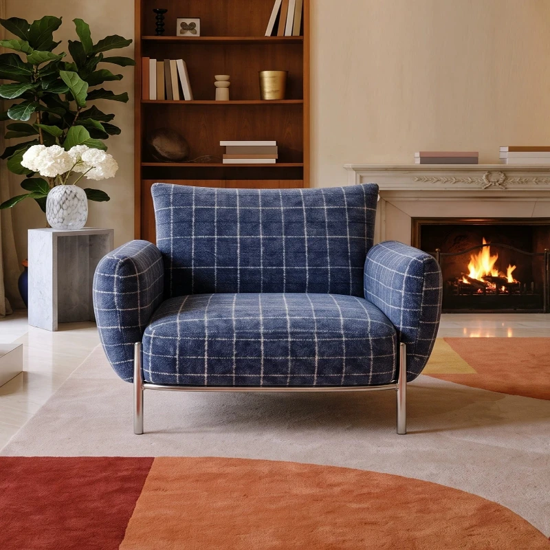 Retro nostalgic style blue plaid fabric leisure chair soft bag back chair living room balcony cafe clock in leisure chair