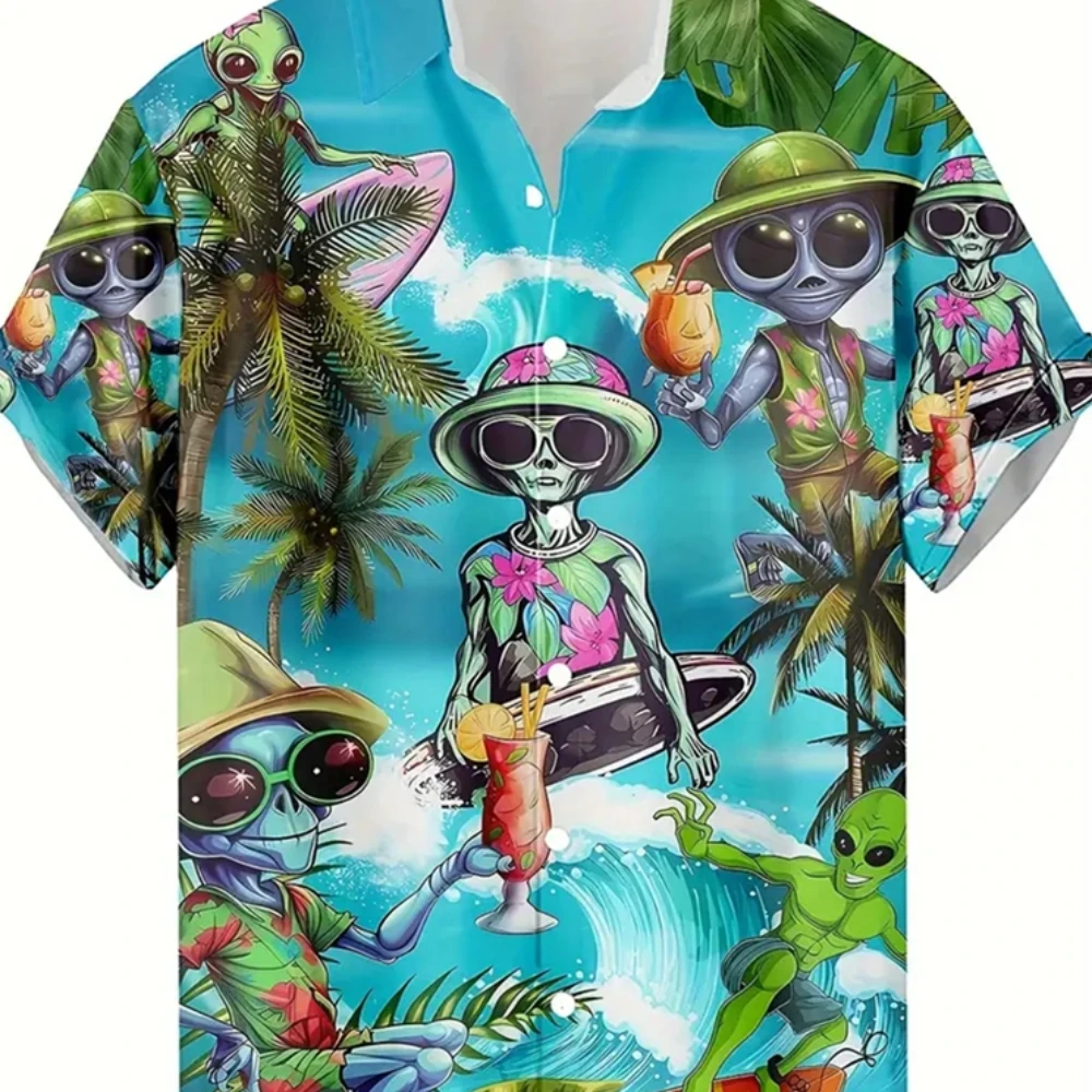 

Men's Beach Vacation Casual Shirt Hawaiian Style Alien Print Men's Short Sleeved Shirt Loose And Comfortable Versatile Shirt