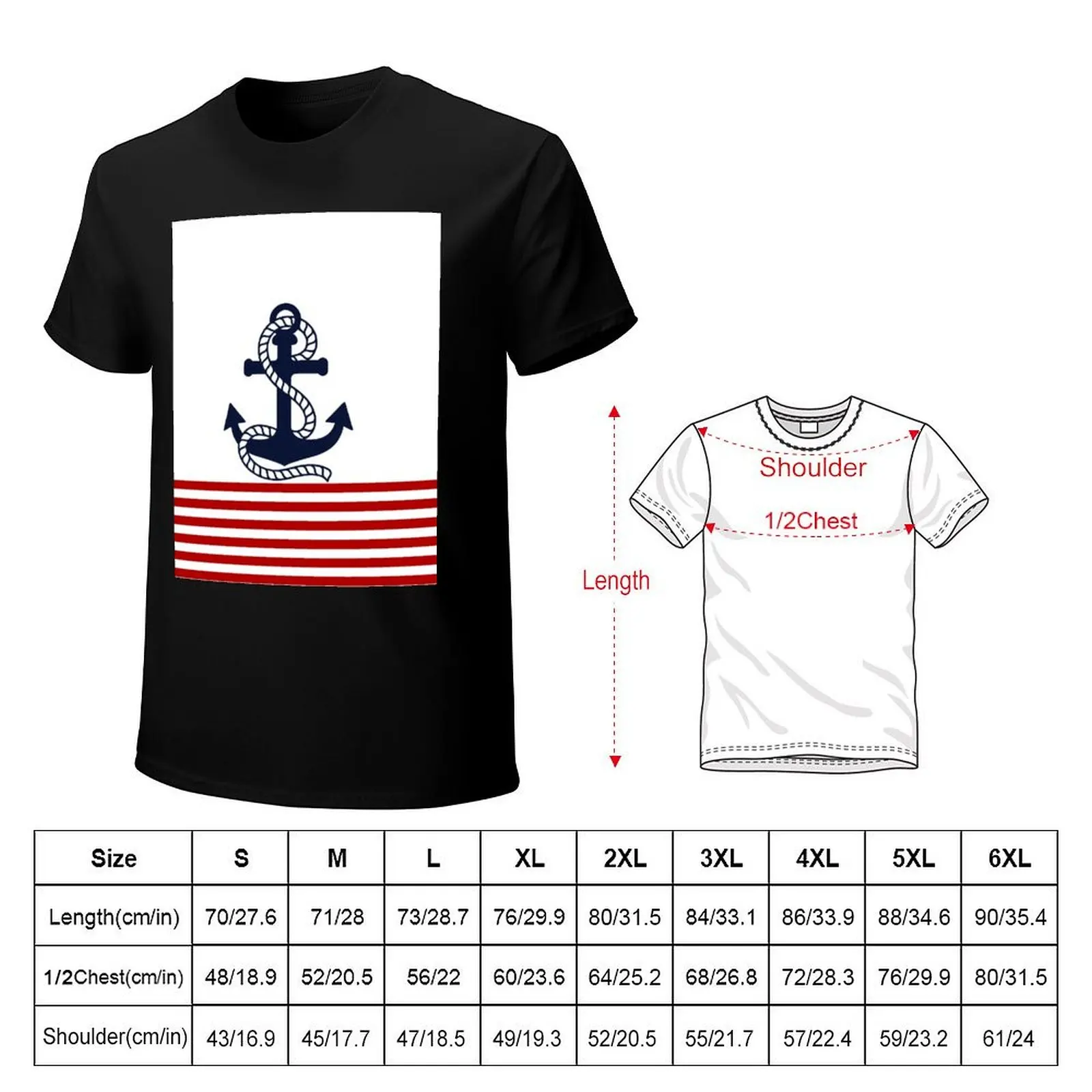 Nautical red and white stripes with a navy blue anchor T-Shirt Trendy Print Short Sleeve T-Shirt