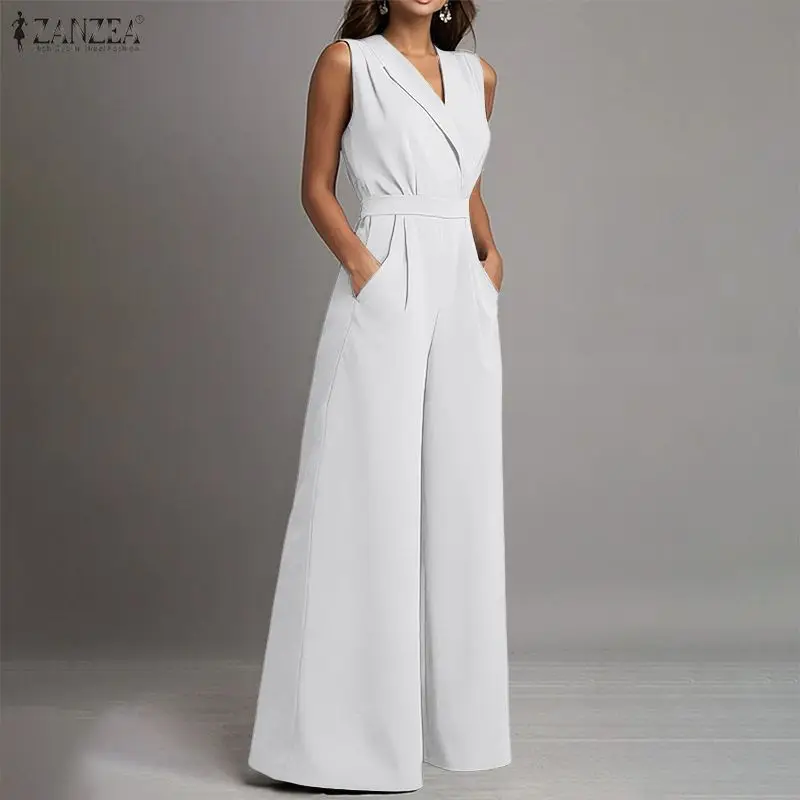 

ZANZEA Women Jumpsuits Solid Sleeveless V Neck Rompers Elegant Office Ladies Clothing European Bottoms Pockets Casual Overalls