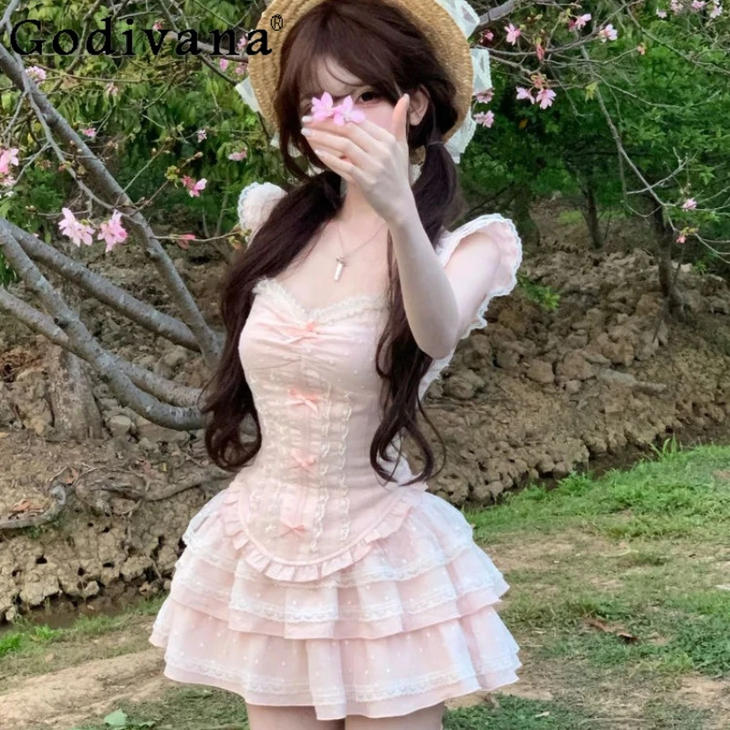 

French Sweet Design Pink Set Women Waist Cinching Camisole Top Cake Skirt Outfits Female Summer New Lolita Style Suits
