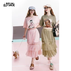 ELFSACK 2024 summer new arrival Mesh puppy print age-reducing gentle and cute casual slim T-shirt dress for women