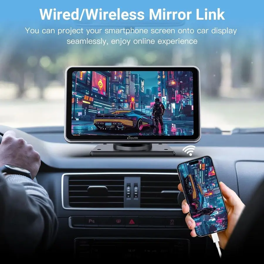 شاشة CarPlay اللاسلكية المحمولة للسيارة شاشة تشغيل السيارة مقاس 7 بوصات متوافقة مع مشغل الوسائط المتعددة Android Auto وApple CarPlay