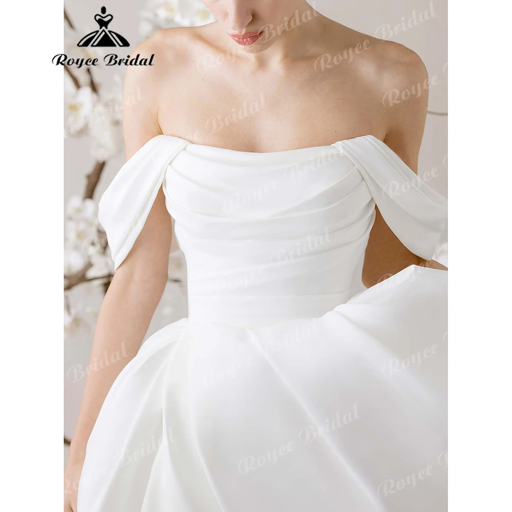 Off-the-Shoulder Satin Wedding Dress Pleated Bodice A-Line Bridal Gown with High Slit and Chapel Train Customizable