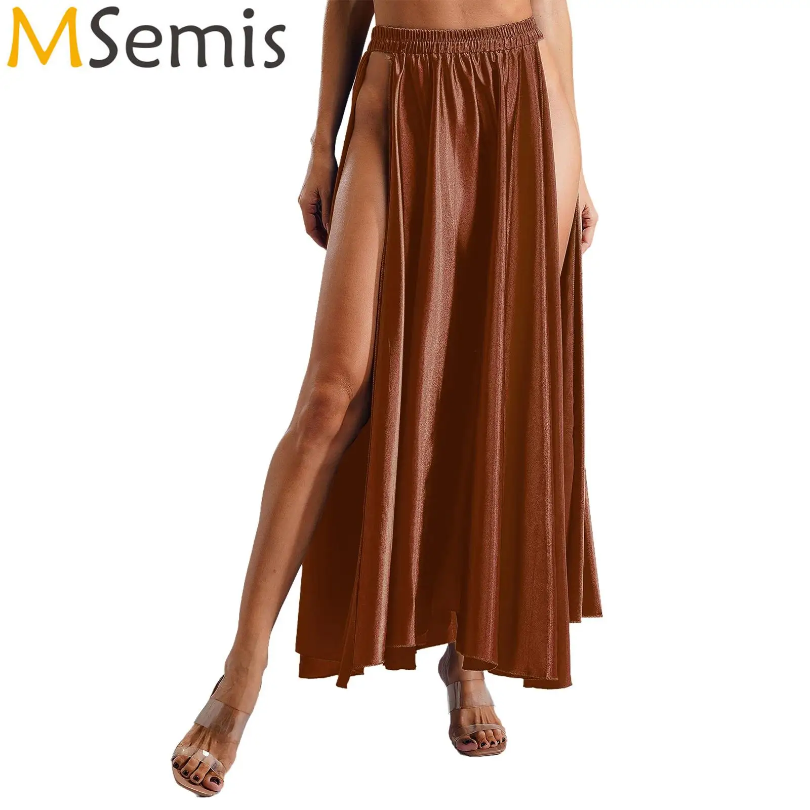 Womens Satin Dance Swing Skirt Elastic Waist Side Slit Solid Color Maxi Skirt Spanish Dance Belly Dance Lyric Dance Costume