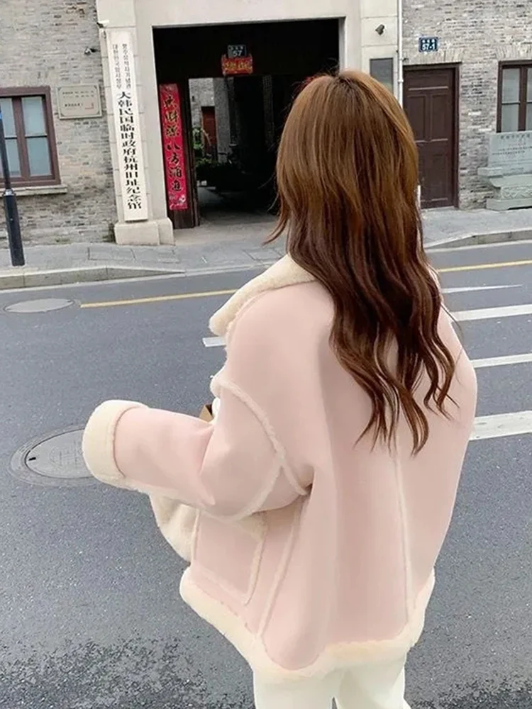 Winter Warm Plush Thicken Casaco Casual Classic Lamb Wool Lined Jacket  Overcoat Women Korean Chic Single Breasted New Coat 2023