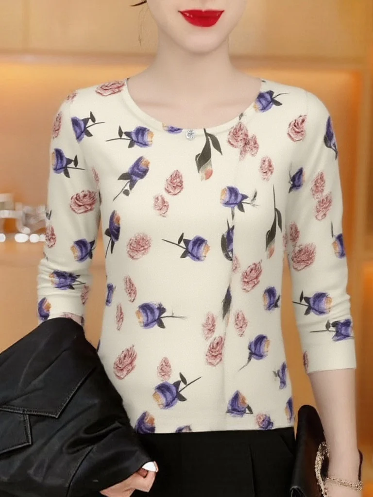 

Elegant Long Sleeve Printed T-Shirt Women's round Neck Maternity Top Ageless Design Belly Concealing Fashionable Top
