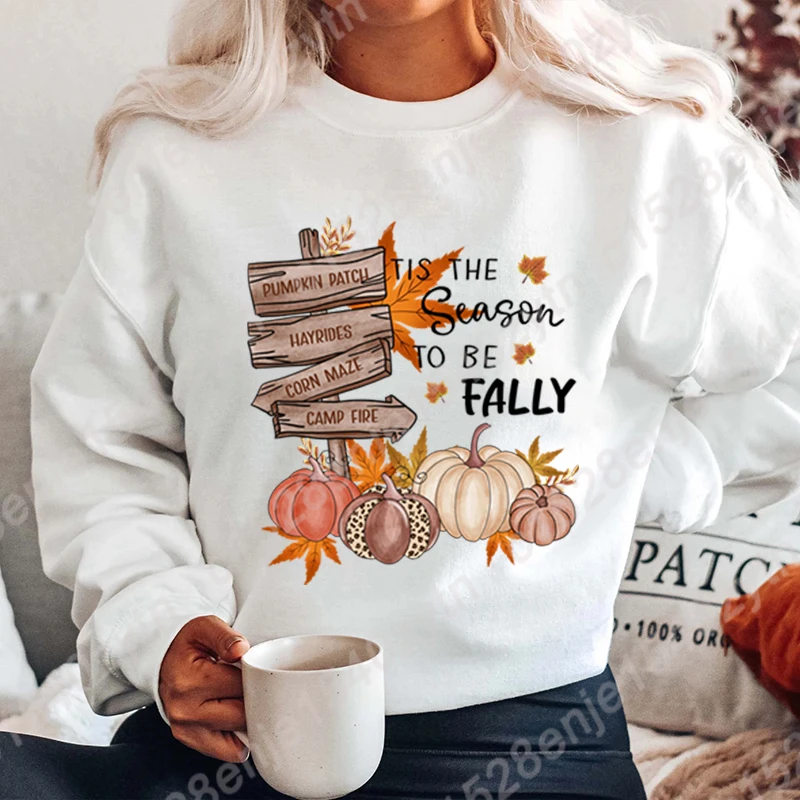 Hoodless Sweatshirt Women Pumpkin Patch Tis The Season To Be Fally Print Crew Neck Pullover Women Pure Color Pullovers Plus Size