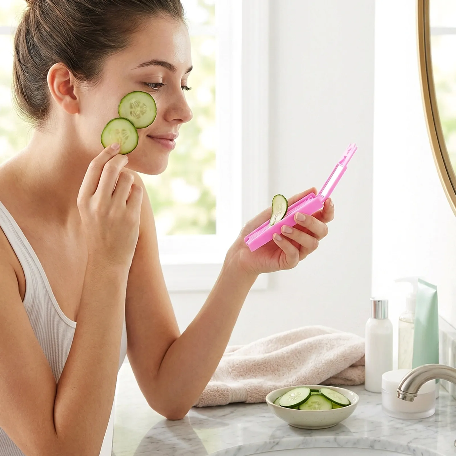 Beauty Cucumber Slicer with Mirror Stainless Steel ABS Facial Mask Tool for Thin Slices Ideal Vegetable Fruit Cutter Slicer