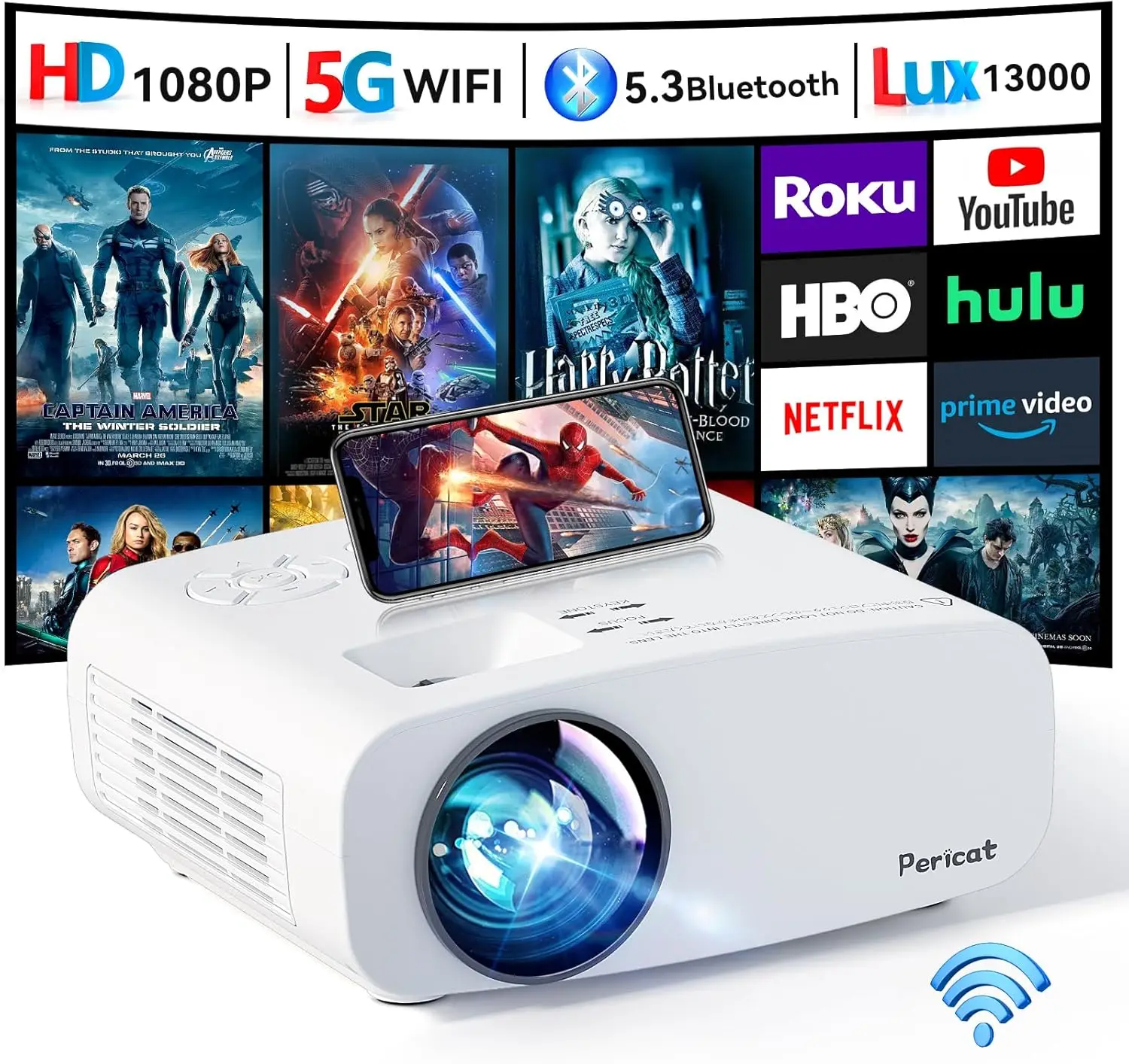 

4K WiFi Bluetooth Projector, 1080P Portable Outdoor Home Theater, Compatible with HDMI USB TV Stick PS5