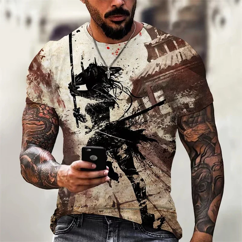 Vintage Samurai T-shirts For Men 3D Japanese Style Print Short Sleeve Tops Hip Hop Outdoor Streetwear Ninja Tees Men's T Shirts