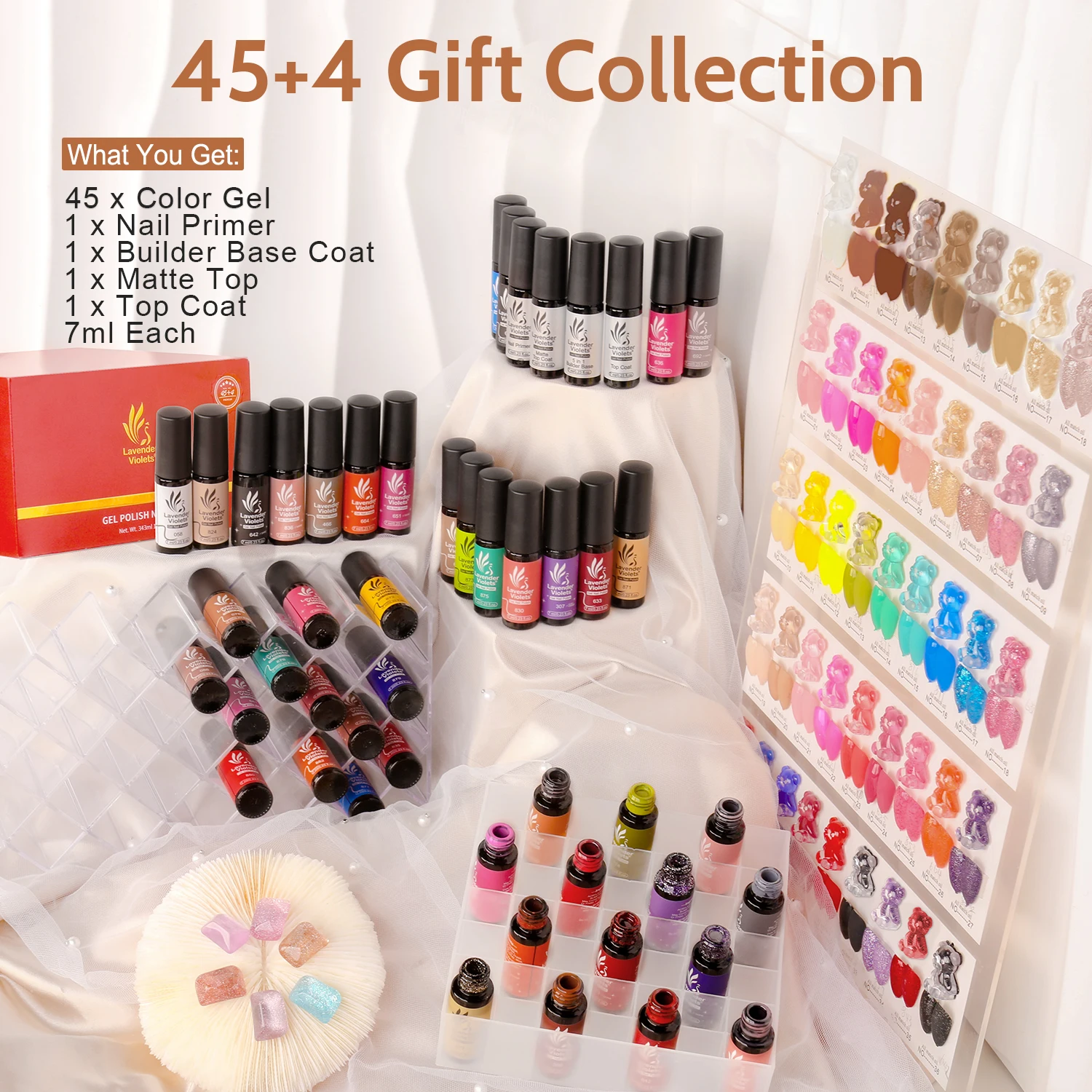 49pcs Gel Nail Polish Kit with 45 Colors Gel Polish 4 Base Glossy Top Matte Top Coat Nail Primer for Nail Art Design Gift Set