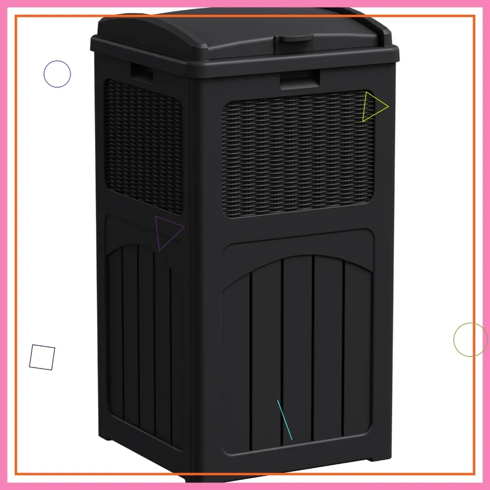 

33 Gallon Outdoor Trash Can with Lid, Waterproof Resin Garbage Bin for Patio, Deck, Backyard, Dark Black