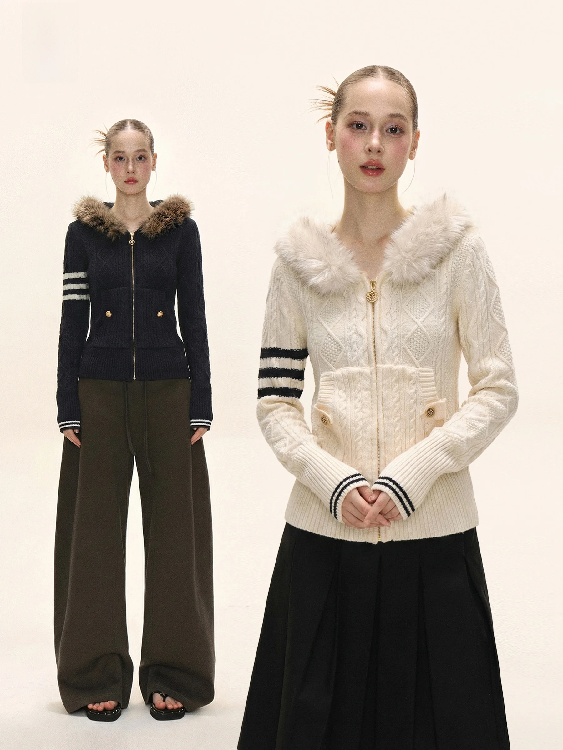 

Женский утепленный свитер на молнии с капюшоном и меховым воротником, повседневный вязаный топ, зимняя верхняя одежда из мягкой средней пряжи