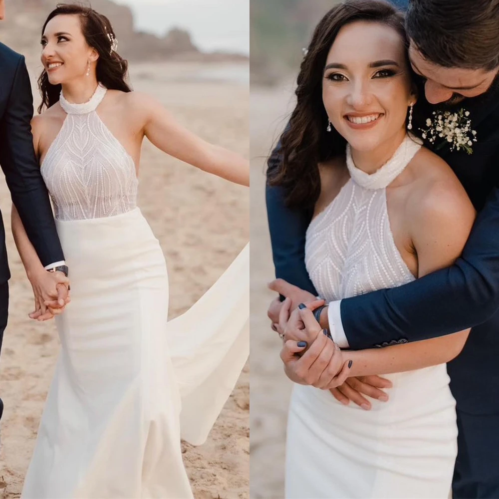 Customized Elegant White Jersey Wedding Dress Simple Strapless Halter Bridal Gowns Chapel Train Buttons Back Vestido De Novia