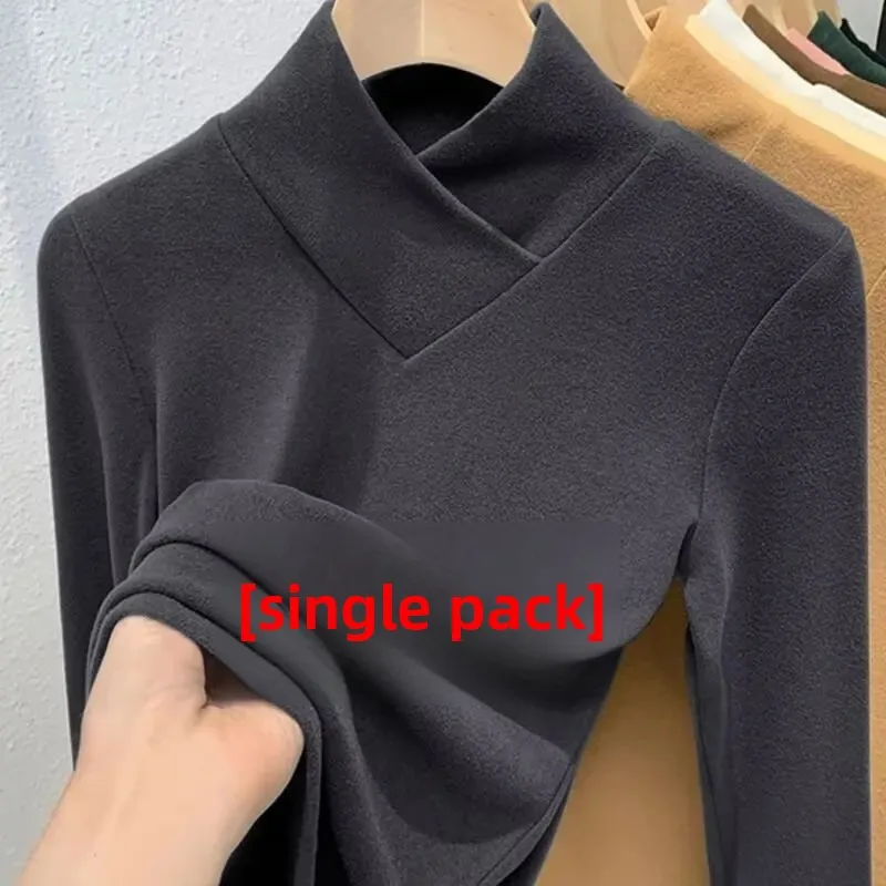 المرأة سليم تي شيرت بأكمام طويلة على الوجهين صوف مبطن دافئ نصف عالية طوق قاعدة قميص ملابس داخلية لخريف شتاء #3