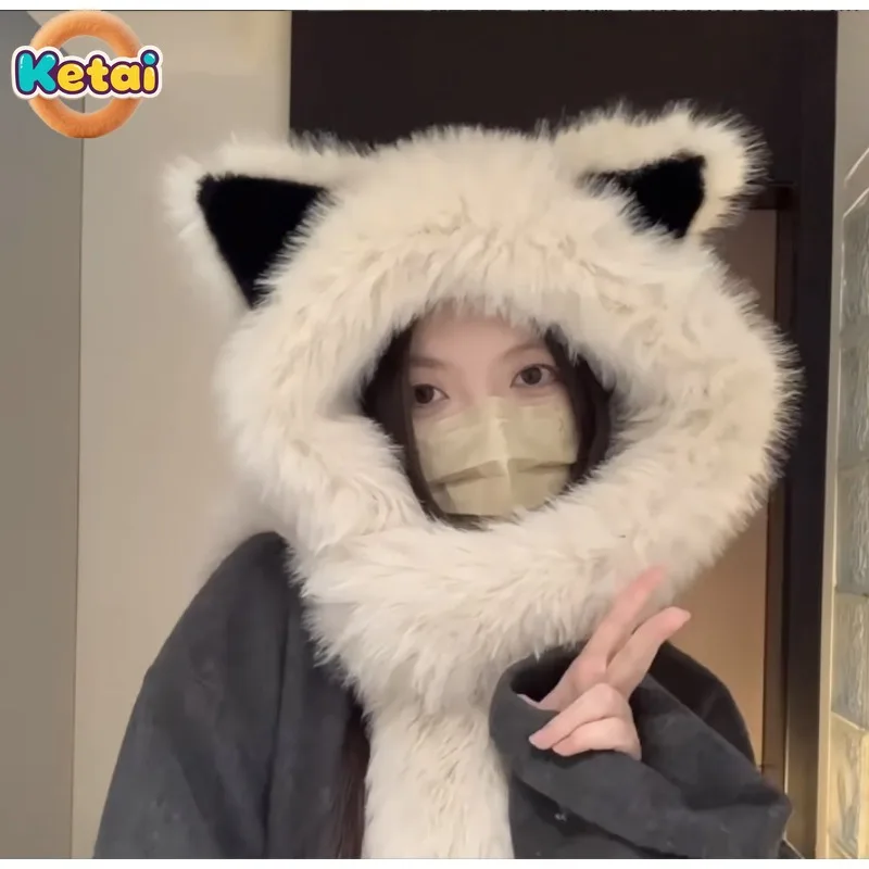 Cappello con orecchie di volpe in peluche spesso e resistente al freddo, sciarpa invernale da donna integrata Nuovo caldo e miglioramento del viso Piccolo cappello Lei Feng