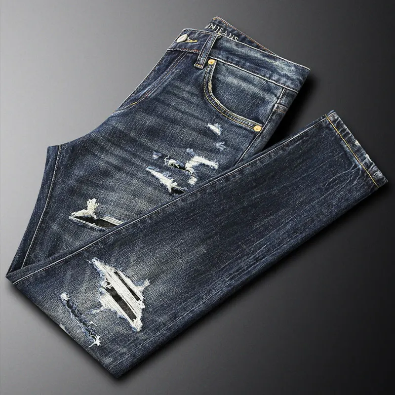 Men Jeans Dark‑wash Heavy Shredded Ripped Denim Pants Retro Fading Craft Slim Fit Casual Street Style Jeansy2k