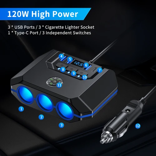 Imagen 2 del producto Adaptador de encendedor de cigarrillos 7 en 1, toma de corriente USB PD con interruptor de encendido/apagado, cargador rápido PD, adaptador de corriente de enchufe de 12V 24V