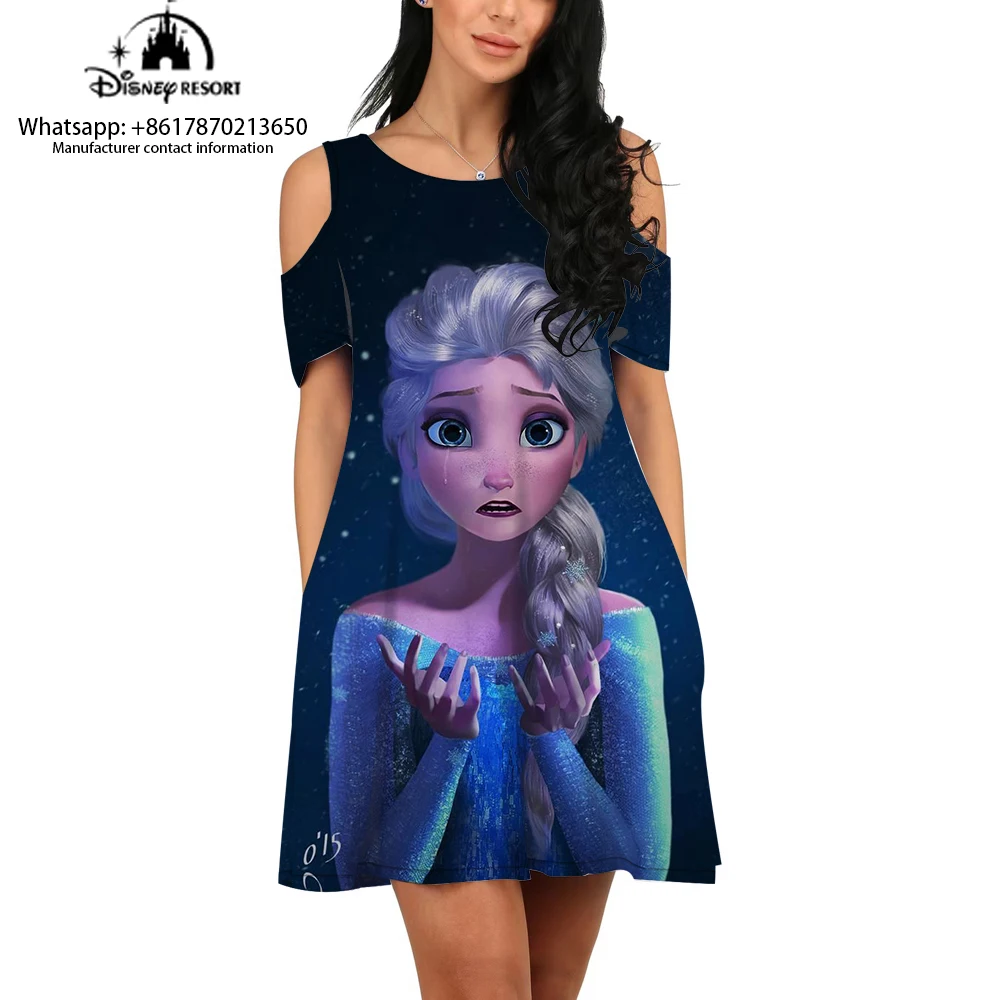 Comfortable Off-Shoulder Dress Anime Cartoon Pattern 3D Printed Dress Women's Summer New Casual Frozen Cartoon Print Dress