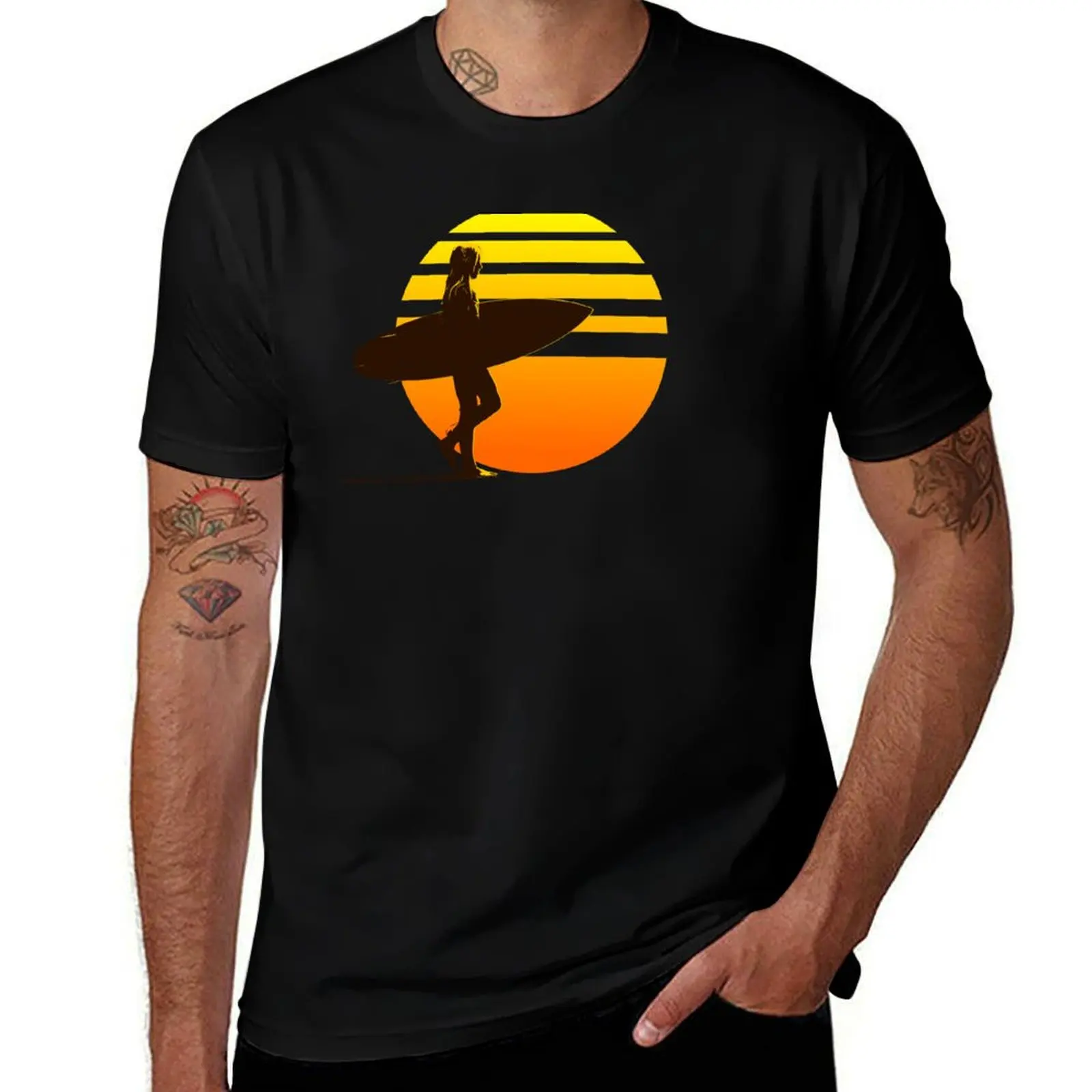 

Golden Sunrise Surfer Girl T-Shirt cotton t shirts high quality t shirts cotton 100% man t shirts for men casual T-Shirt