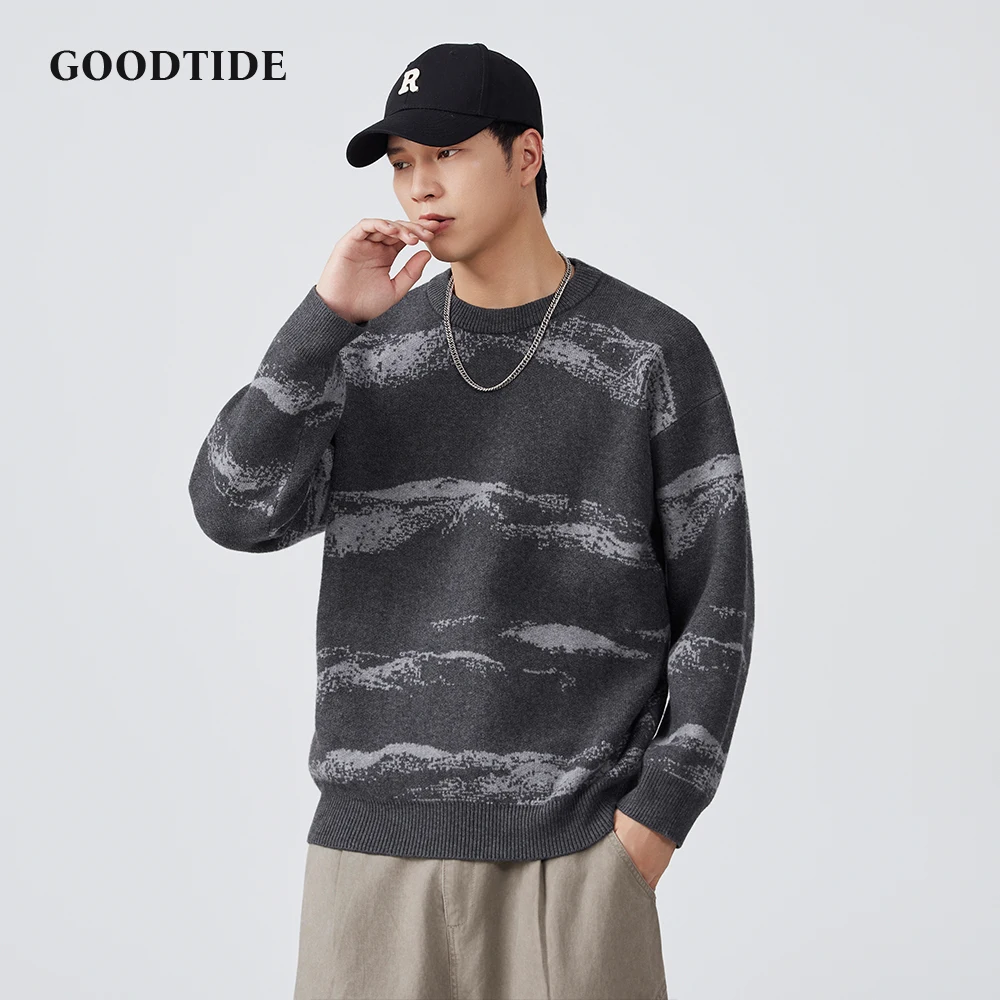 Fashion Men's Casual Landscape Pattern Sweater Autumn Winter Crew Neck Knitted Pullover Comfortable Soft Long Sleeve Jumper Top
